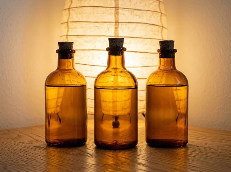 Frascos âmbar de óleo de massagem à luz quente