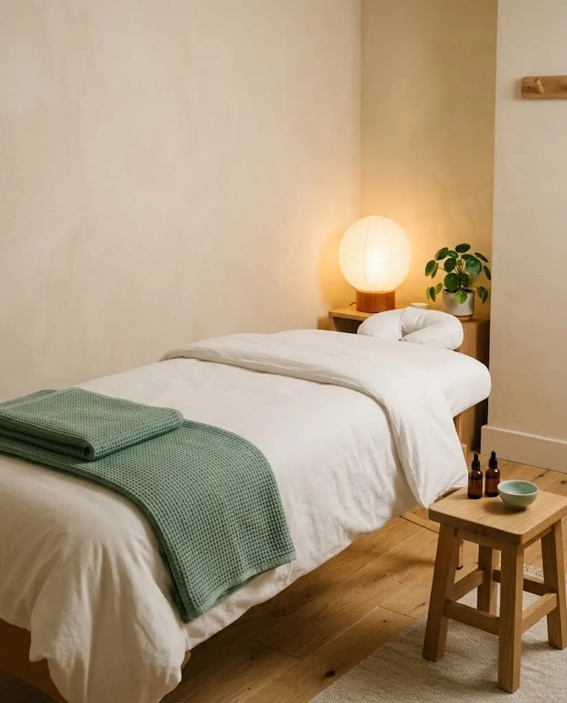 Uma sala de massagem calma, de luz suave, com uma marquesa larga, toalhas dobradas e tons de madeira quente