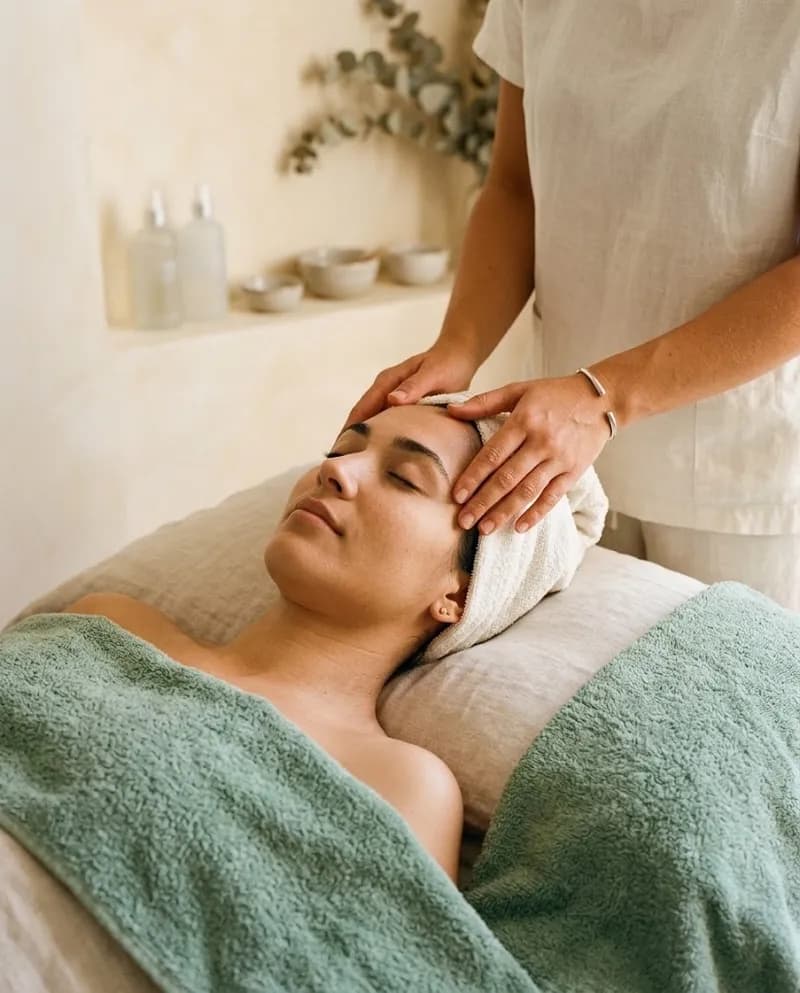 Cliente reclinada com uma toalha morna à volta do cabelo durante um head spa, rosto descontraído, olhos fechados