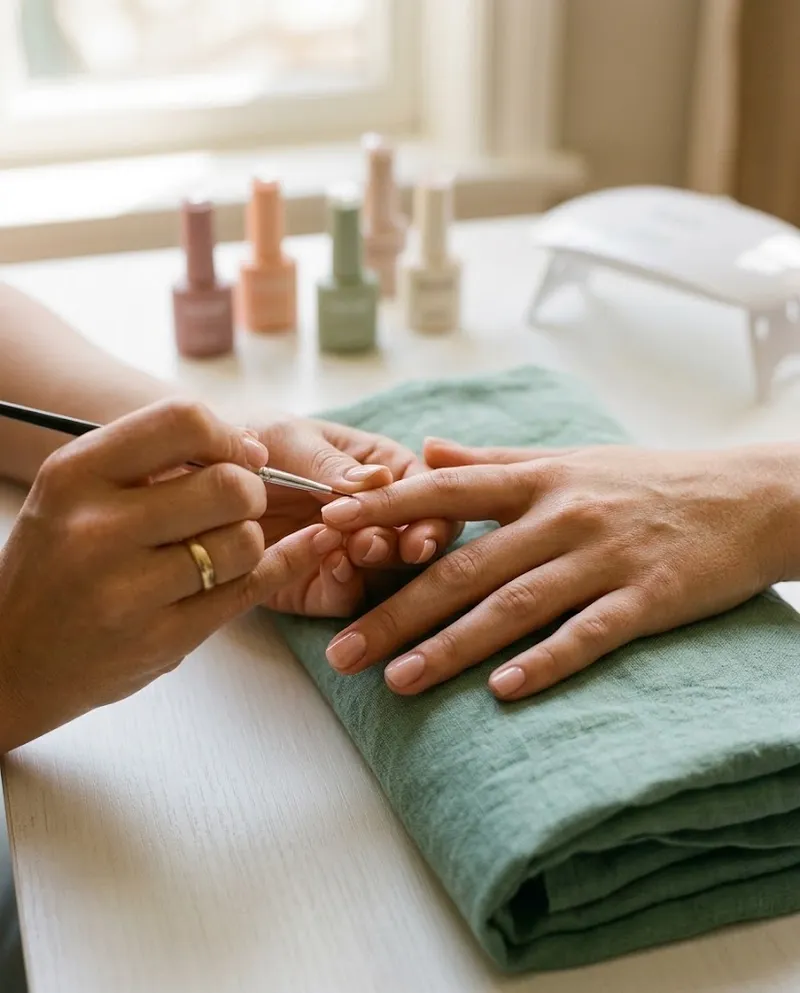 Mãos de uma manicure a limar as unhas de uma cliente numa mesa branca, com frascos de verniz em tons suaves