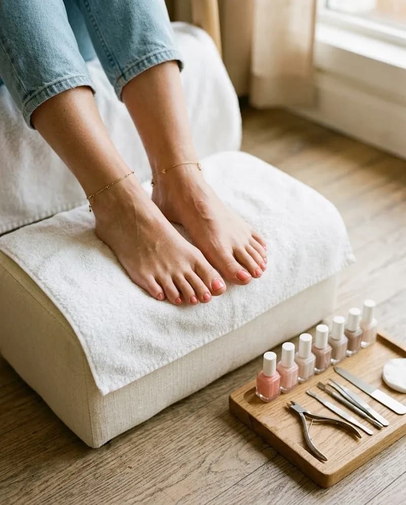 Pés apoiados numa toalha durante uma pedicure, com uma fila de vernizes ao lado