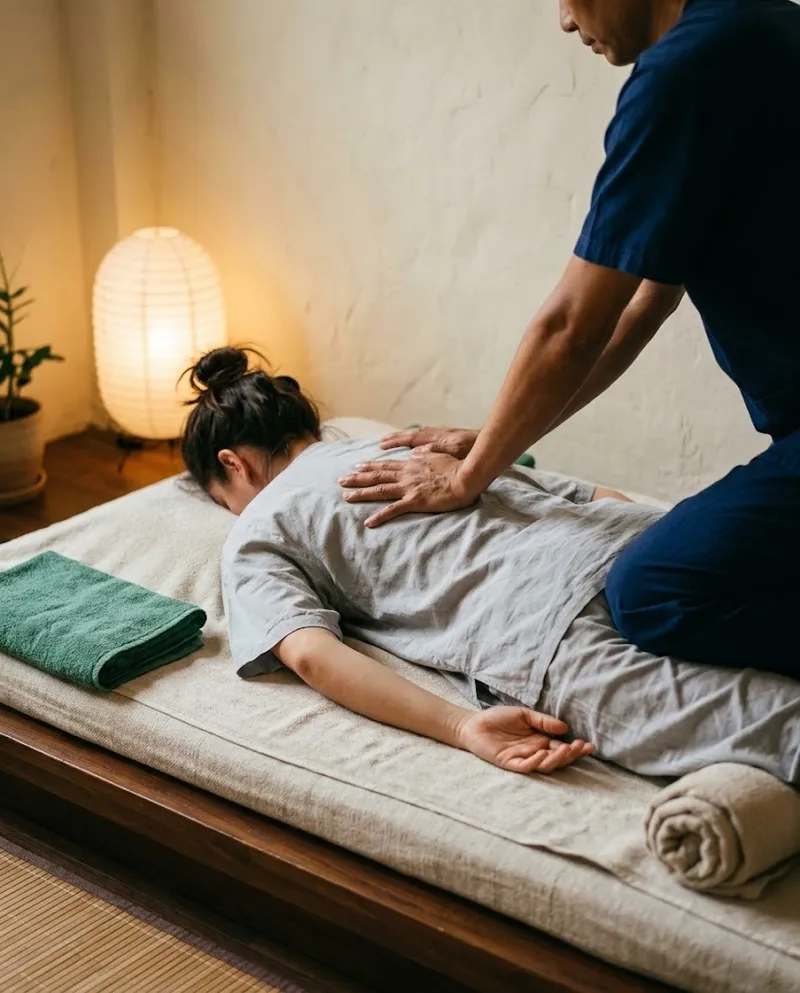Mãos da terapeuta a pressionar as costas de uma cliente durante uma massagem thai, cliente coberta com uma toalha